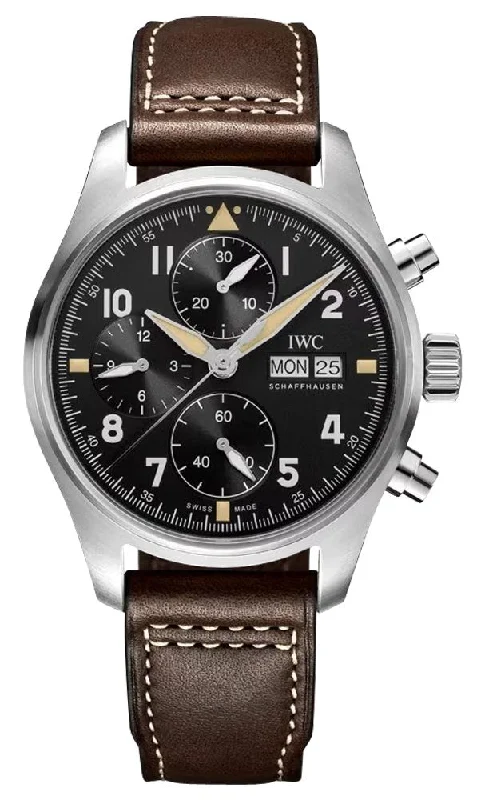 watches for women with adjustable straps for comfort-IWC Pilot's Spitfire Automatic Chronograph Stainless Steel Black Dial Brown Leather Strap Day/Date Mens Watch IW387903