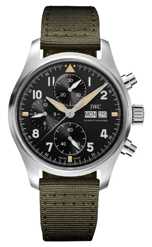 smartwatches for men with built-in music player and fitness apps-IWC Pilot's Spitfire Automatic Chronograph Stainless Steel Black Dial Green Textile Strap Day/Date Mens Watch IW387901