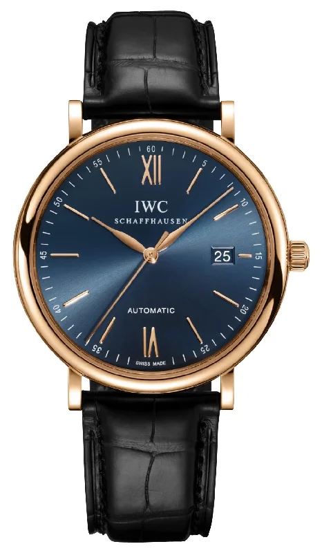 men’s watches with automatic movement and luxury appeal-IWC Portofino Automatic 18K Rose Gold Blue Dial Black Leather Strap Date Mens Watch IW356522