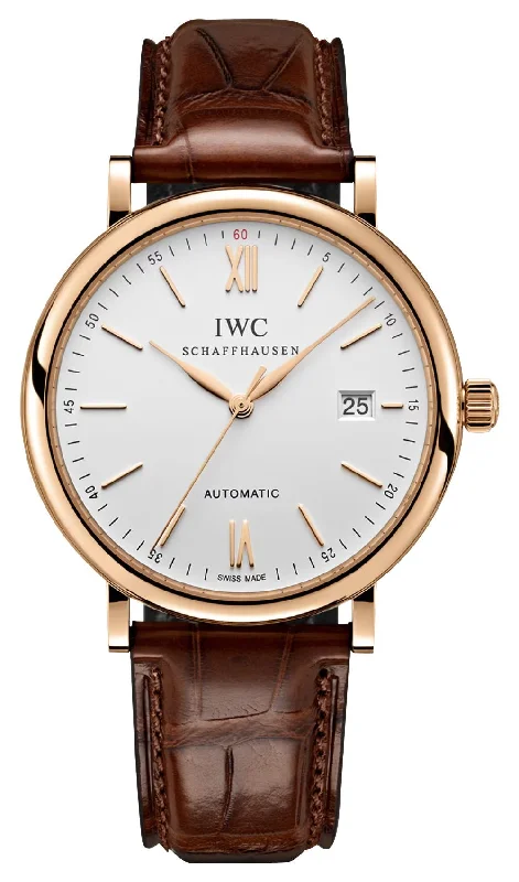 watches for women with minimalist design and gold-tone case-IWC Portofino Automatic 18K Rose Gold Silver Dial Brown Leather Strap Date Mens Watch IW356504