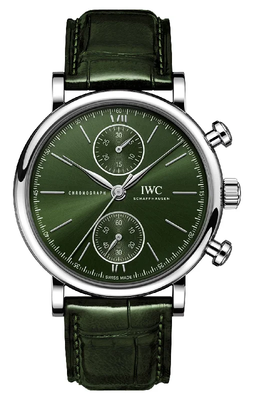 solar watches with eco-friendly materials for sustainability-IWC Portofino Automatic Chronograph Stainless Steel Green Dial Green Leather Strap Mens Watch IW391405