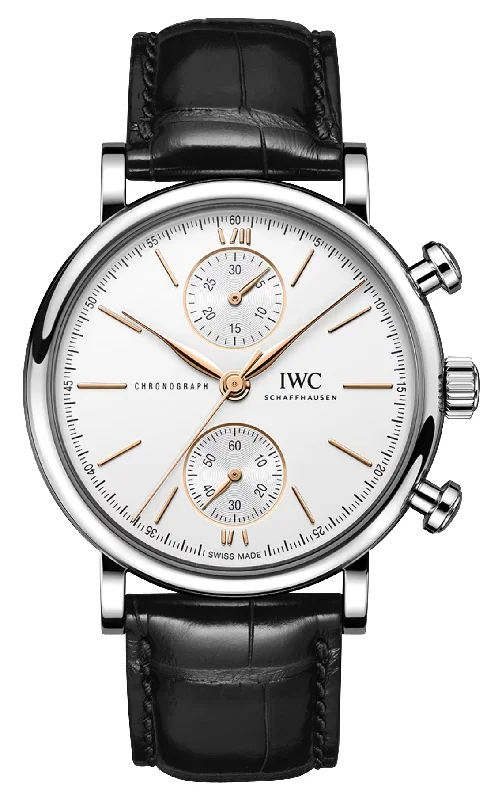 smartwatches with customizable watch faces and bands-IWC Portofino Automatic Chronograph Stainless Steel Silver Dial Black Leather Strap Mens Watch IW391406