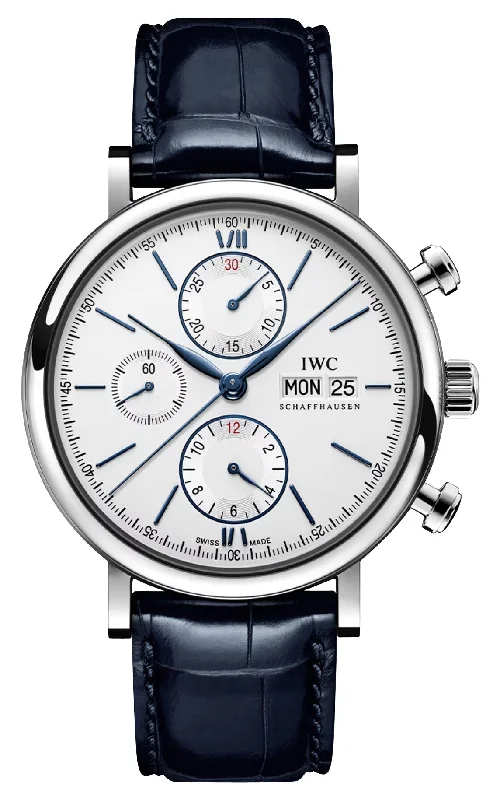 waterproof sports watches with customizable fitness modes-IWC Portofino Automatic Chronograph Stainless Steel Silver Dial Blue Leather Strap Day/Date Mens Watch IW391037