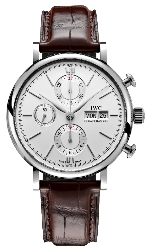 luxury watches with gold-plated designs for timeless appeal-IWC Portofino Automatic Chronograph Stainless Steel Silver Dial Brown Leather Strap Day/Date Mens Watch IW391027