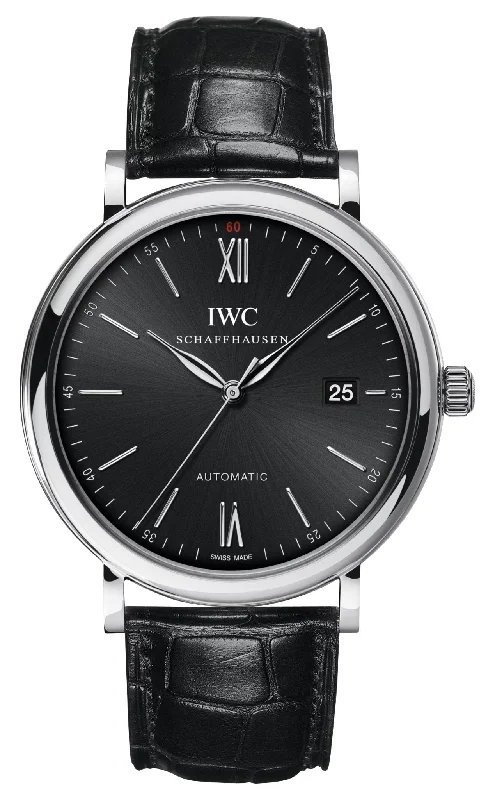 hybrid watches with heart rate tracking and classic analog face-IWC Portofino Automatic Stainless Steel Black Dial Black Leather Strap Date Mens Watch IW356502