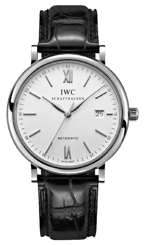 watches for men with metal bands and sporty aesthetic-IWC Portofino Automatic Stainless Steel Silver Dial Black Leather Strap Date Mens Watch IW356501