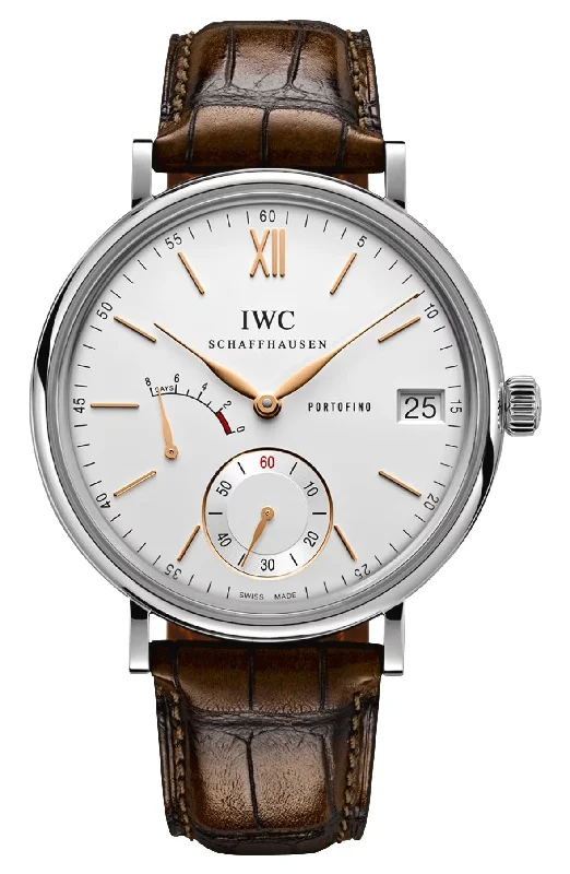 best women’s watches for work with simple and elegant design-IWC Portofino Hand-Wound Eight Days Power Reserve Manual Wind Stainless Steel Silver Dial Brown Leather Strap Date Mens Watch IW510103