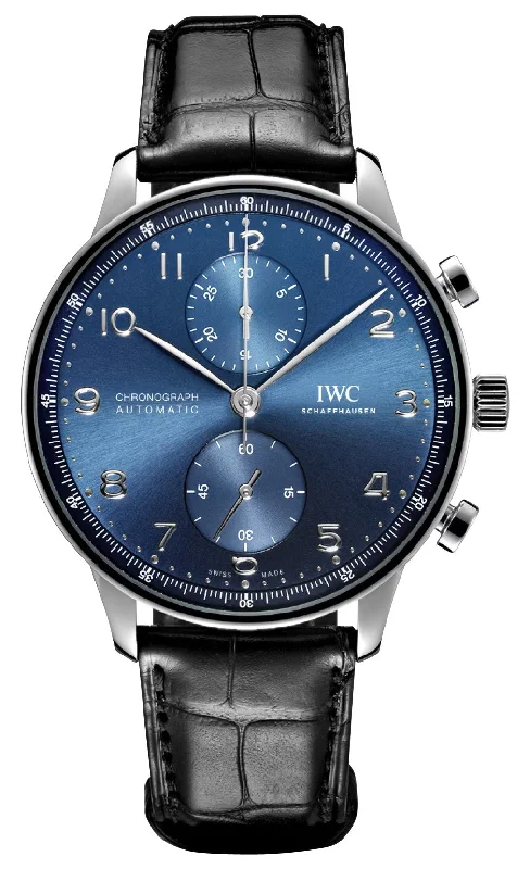 smartwatches for kids with health and fitness tracking features-IWC Portugieser Automatic Chronograph Stainless Steel Blue Dial Black Leather Strap Mens Watch IW371606