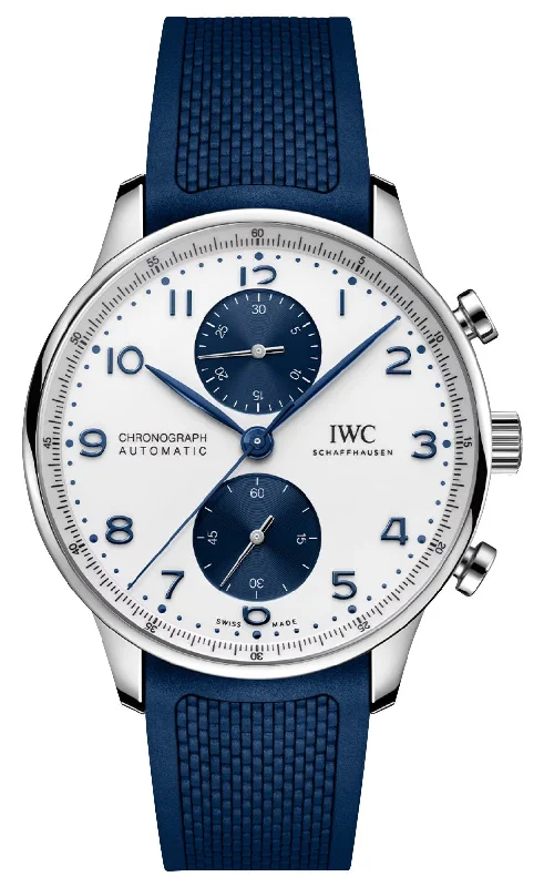 fitness tracking watches with calorie tracking and pedometer-IWC Portugieser Automatic Chronograph Stainless Steel White Dial Blue Rubber Strap Mens Watch IW371620