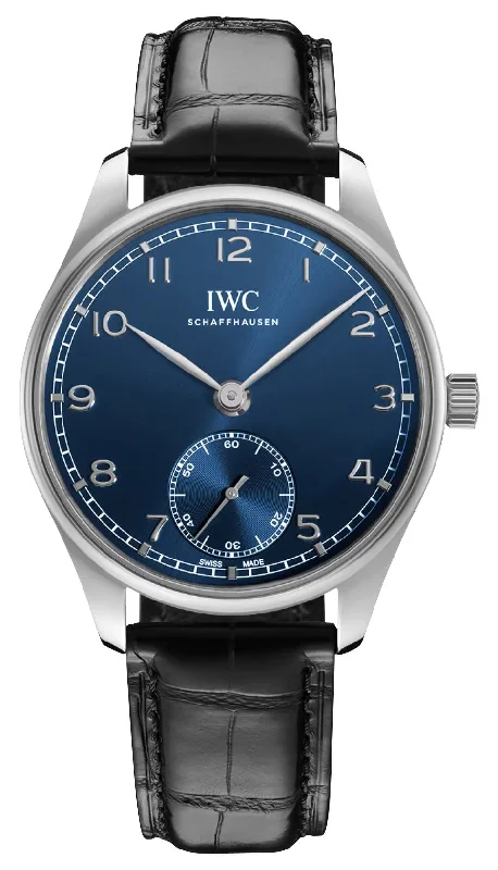 solar-powered watches with multi-functional features for adventurers-IWC Portugieser Automatic Stainless Steel Blue Dial Black Leather Strap Mens Watch IW358305