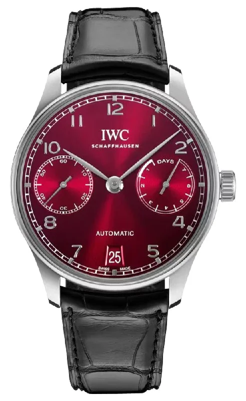 durable sports watches with built-in compass and altimeter-IWC Portugieser Power Reserve Automatic Stainless Steel Red Dial Black Leather Strap Date Mens Watch IW500714