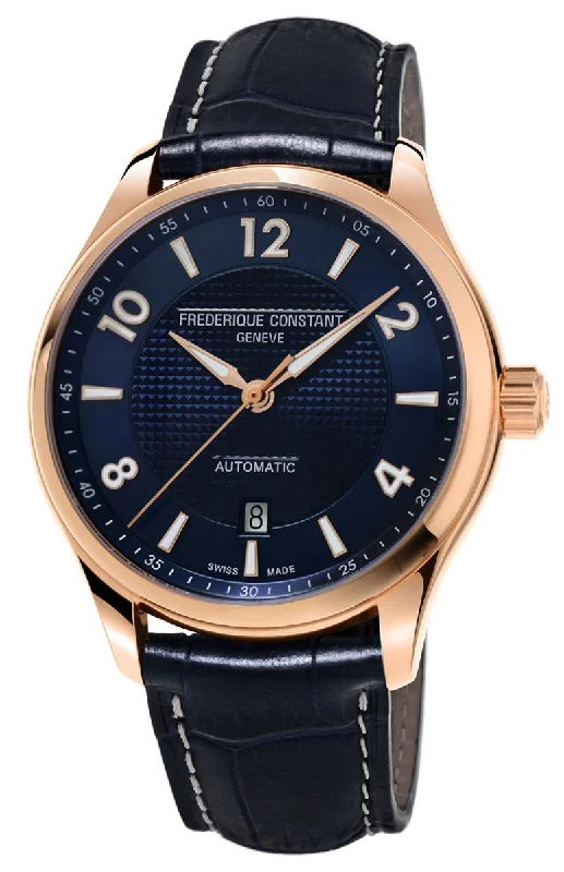 sports watches for men with interval timers for training-Limited Edition Frederique Constant Runabout Rose Gold Tone Steel Automatic Blue Dial Blue Leather Strap Mens Watch FC-303RMN5B4