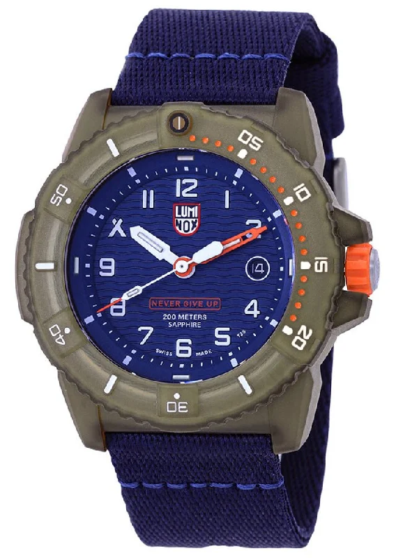 sports watches with built-in pedometer and calorie counter-Limited Edition Luminox Bear Grylls Survival ECO x #tide Ocean Material Blue Dial Blue Textile Strap Date Divers Quartz Mens Watch XB.3703