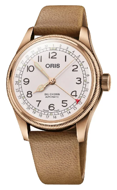 watches for men with simple dials and minimalist features-Limited Edition Oris Big Crown Automatic Bronze White Dial Beige Leather Strap Interchangeable Bronze Bracelet Pointer Date Mens Watch 754 7741 3161-Set