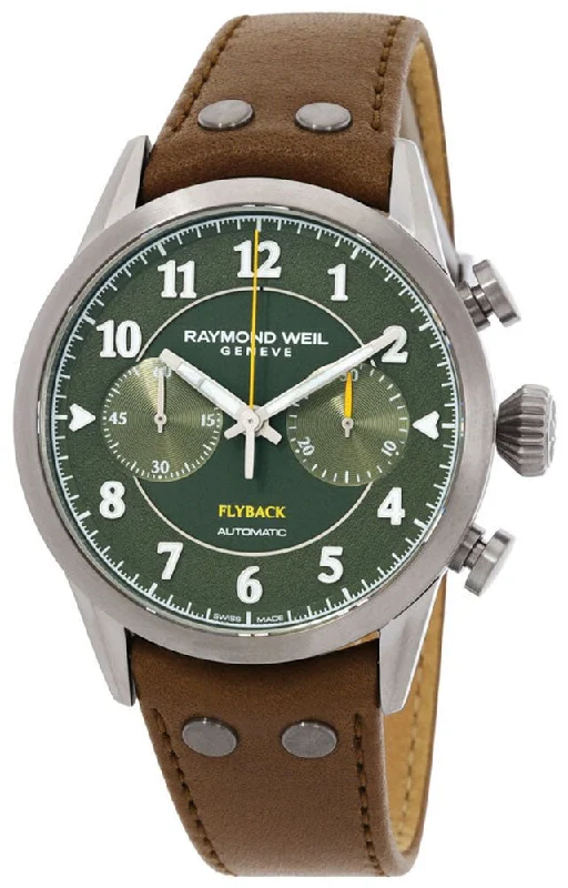 solar-powered sport watches for men with rugged design-Limited Edition Raymond Weil Freelancer Automatic Pilot Flyback Chronograph Gray PVD Green Dial Brown Leather Strap Mens Watch 7783-TIC-05520