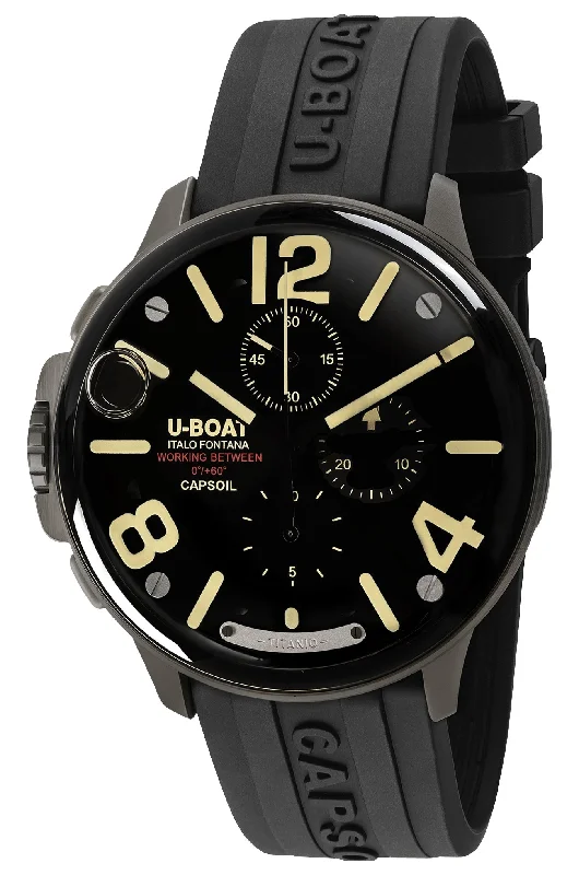 waterproof watches with digital display for divers-Limited Edition U-Boat Capsoil Titanio Chronograph Titanium Black Dial Black Rubber Strap Swiss Electro-mechanical Mens Watch 8897