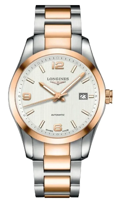 smartwatches with customizable watch faces and bands-Longines Conquest Automatic Stainless Steel & 18K Rose Gold Silver Dial Date Mens Watch L2.785.5.76.7