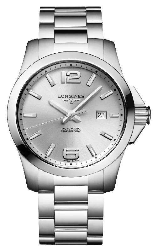 waterproof watches for men with rotating bezels and diving features-Longines Conquest Automatic Stainless Steel Silver Dial Date Divers Mens Watch L3.778.4.76.6