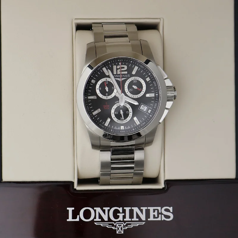 solar-powered watches with scratch-resistant sapphire glass-Longines Conquest Chronograph Stainless Steel Black Dial Date Divers Quartz Mens Watch L3.700.4.56.6