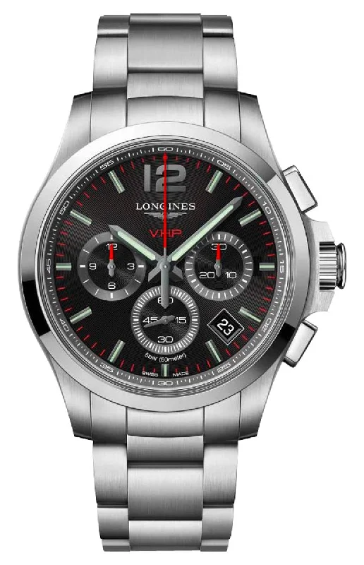 watches for men with metal bands and sporty aesthetic-Longines Conquest V.H.P. Chronograph Stainless Steel Black Dial Perpetual Calendar Date Quartz Mens Watch L3.717.4.56.6