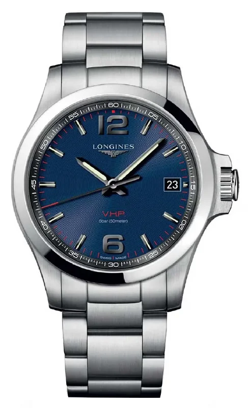 watches with minimalist faces and leather bands for elegant appeal-Longines Conquest V.H.P. Stainless Steel Blue Dial Perpetual Calendar Date Quartz Mens Watch L3.716.4.96.6