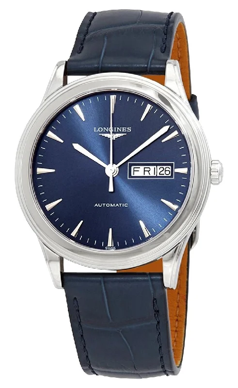 fitness tracking watches with heart rate and blood oxygen monitoring-Longines Flagship Automatic Stainless Steel Blue Dial Blue Leather Strap Day/Date Mens Watch L4.899.4.92.2