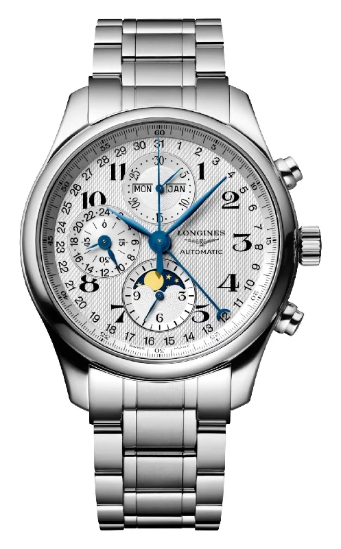 fitness watches for women with built-in GPS for running-Longines Master Collection Automatic Chronograph Stainless Steel Silver Dial Day/Date Month Moonphase Mens Watch L2.773.4.78.6