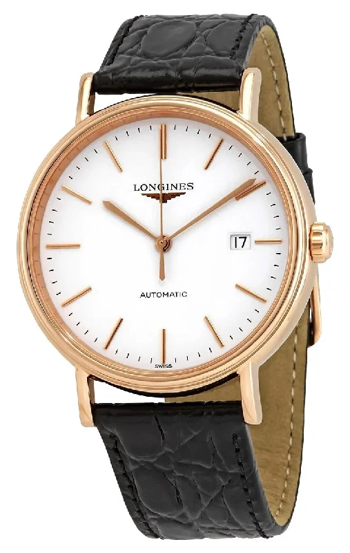 best fitness watches for women with built-in workout apps-Longines Presence Automatic Rose Gold PVD White Dial Black Leather Strap Date Mens Watch L4.922.1.12.2