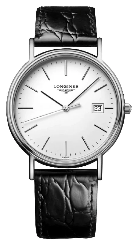 best hybrid watches for active users with fashion appeal-Longines Presence Stainless Steel White Dial Black Leather Strap Date Quartz Mens Watch L4.790.4.12.2