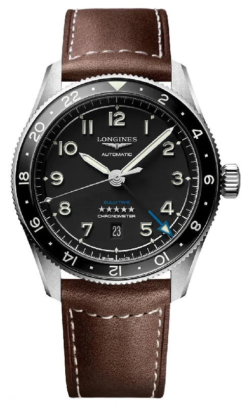 best watches for business professionals with sleek designs-Longines Spirit Zulu Time Automatic GMT Chronometer Stainless Steel Black Dial Brown Leather Strap Date Mens Watch L3.812.4.53.2