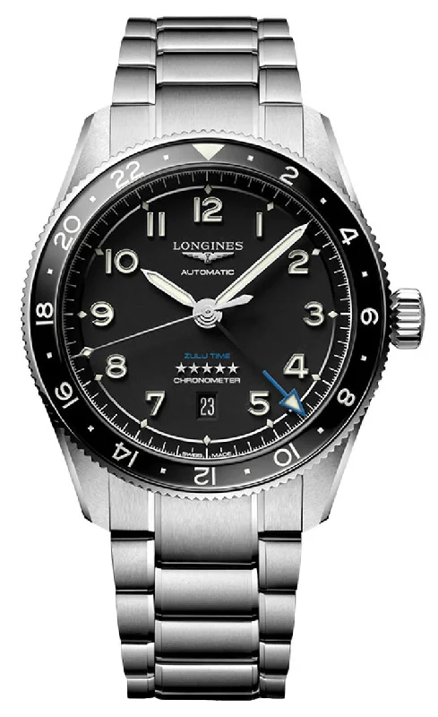 durable outdoor watches with altimeter and barometer-Longines Spirit Zulu Time Automatic GMT Chronometer Stainless Steel Black Dial Date Mens Watch L3.812.4.53.6