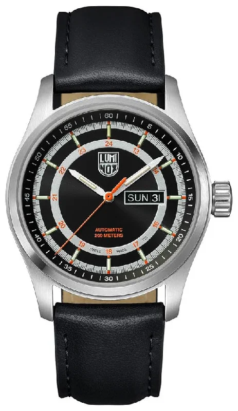 watches for women with ceramic bands for modern design-Luminox Atacama Field Automatic Stainless Steel Black Dial Black Leather Strap Day/Date Divers Mens Watch XL.1901