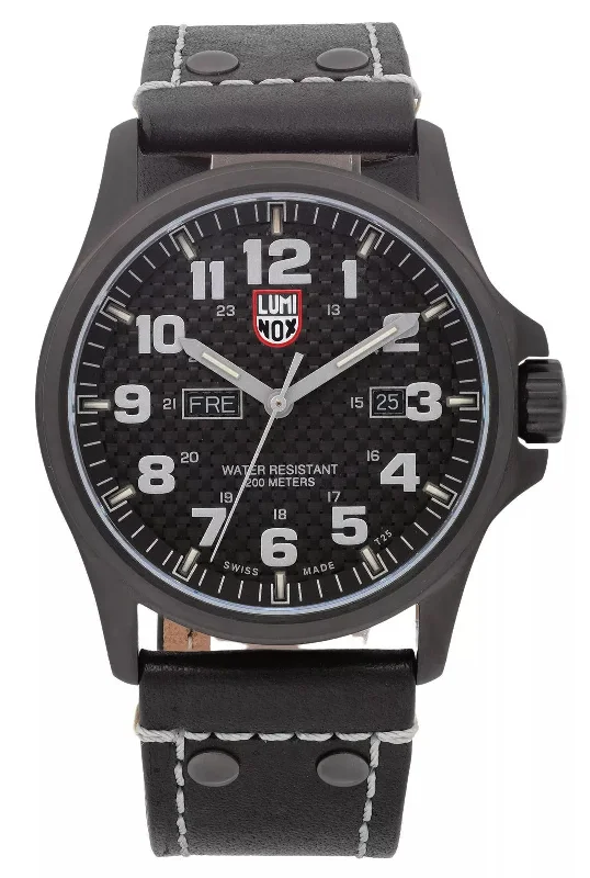 diving watches for deep sea divers with 1000-meter water resistance-Luminox Atacama Field Gunmetal PVD Black Dial Black Leather Strap Day/Date Divers Quartz Mens Watch XL.1921