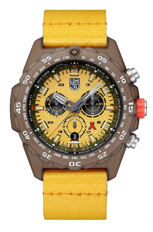 watches with sapphire crystal for scratch resistance-Luminox Bear Grylls Survival ECO Master Chronograph #tide Ocean Material Yellow Dial Yellow Textile Strap Date Divers Quartz Mens Watch XB.3745.ECO