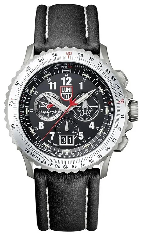 solar-powered watches with retro design and eco-conscious materials-Luminox F-22 Raptor Chronograph Titanium Black Dial Black Leather Strap Date Divers Quartz Mens Watch XA.9241