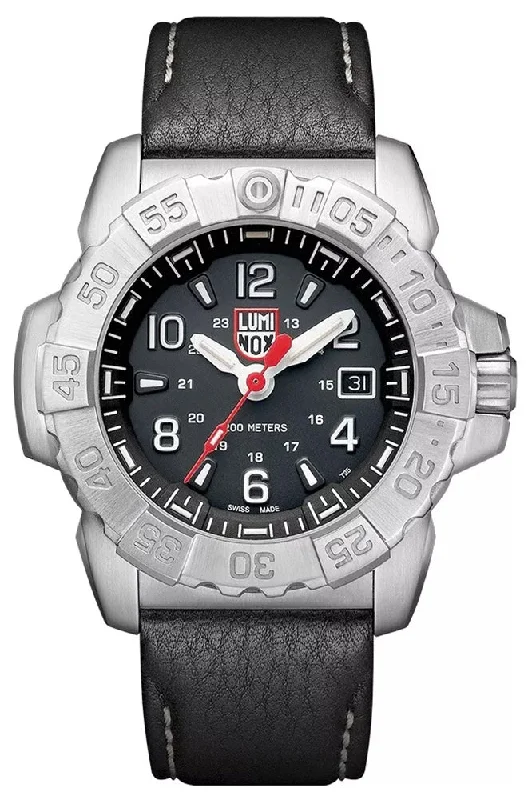 sports watches with GPS and route tracking for cyclists-Luminox Navy SEAL Stainless Steel Black Dial Black Leather Strap Date Divers Quartz Mens Watch XS.3251