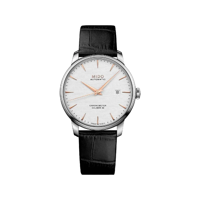 watches for women with sapphire crystal for scratch protection-Mido Baroncelli Caliber 80 Chronometer Silicon Gent - Stainless Steel - Black Leather Strap