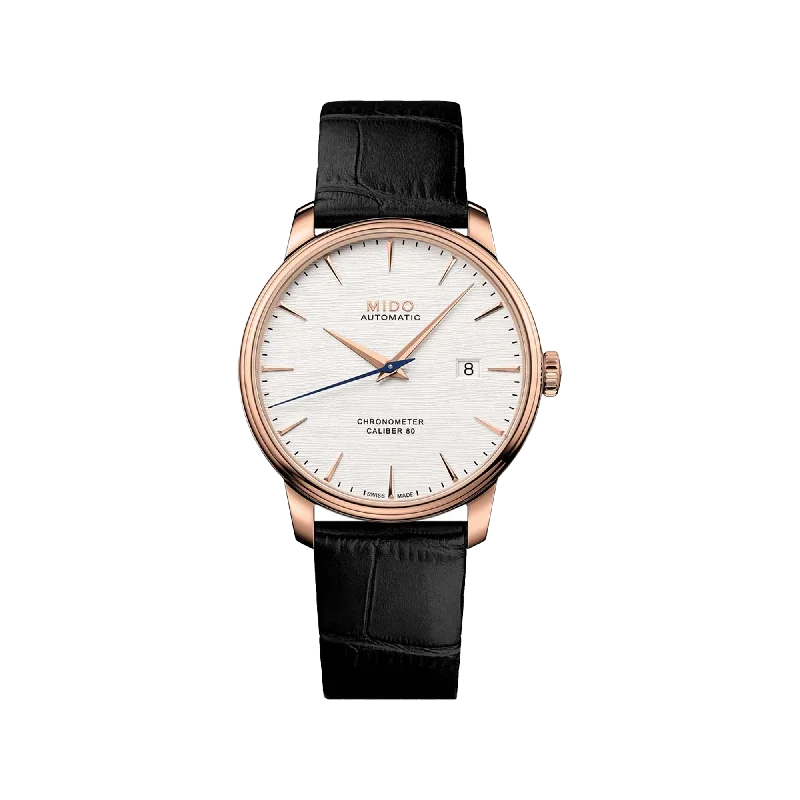 solar watches with eco-friendly materials for sustainability-Mido Baroncelli Chronometer Silicon Gent - Stainless Steel with Rose Gold PVD - Black Leather Strap