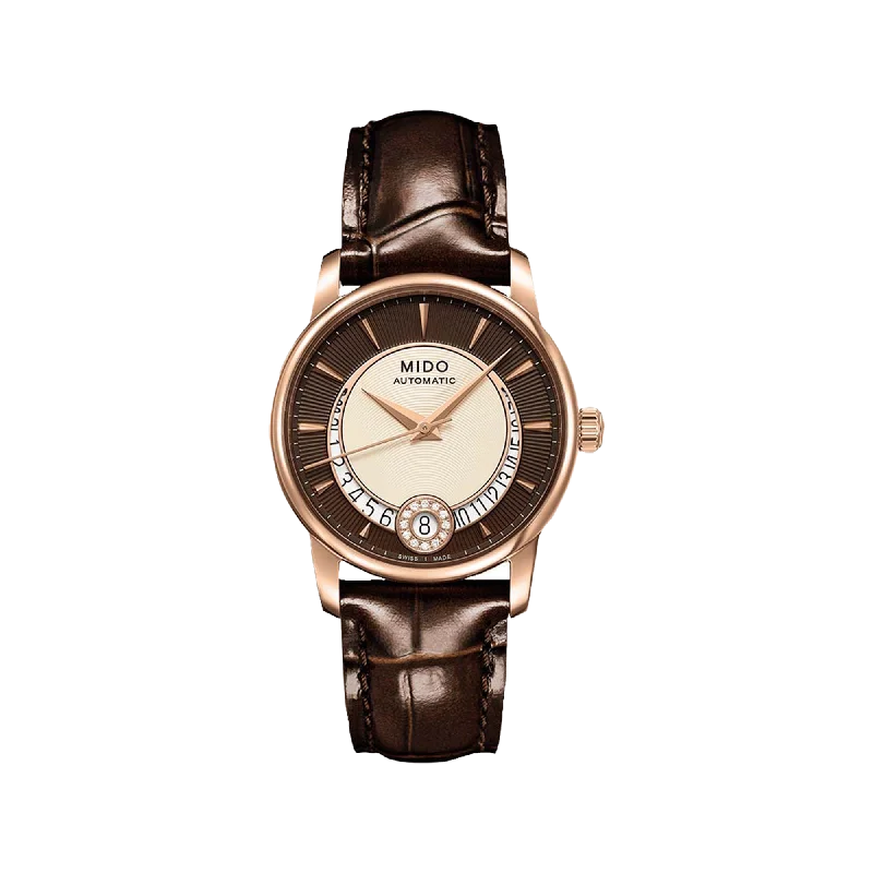 waterproof fitness watches for swimming and water sports-Mido Baroncelli Diamonds - Stainless Steel with Rose Gold PVD Coating - Brown Leather Strap