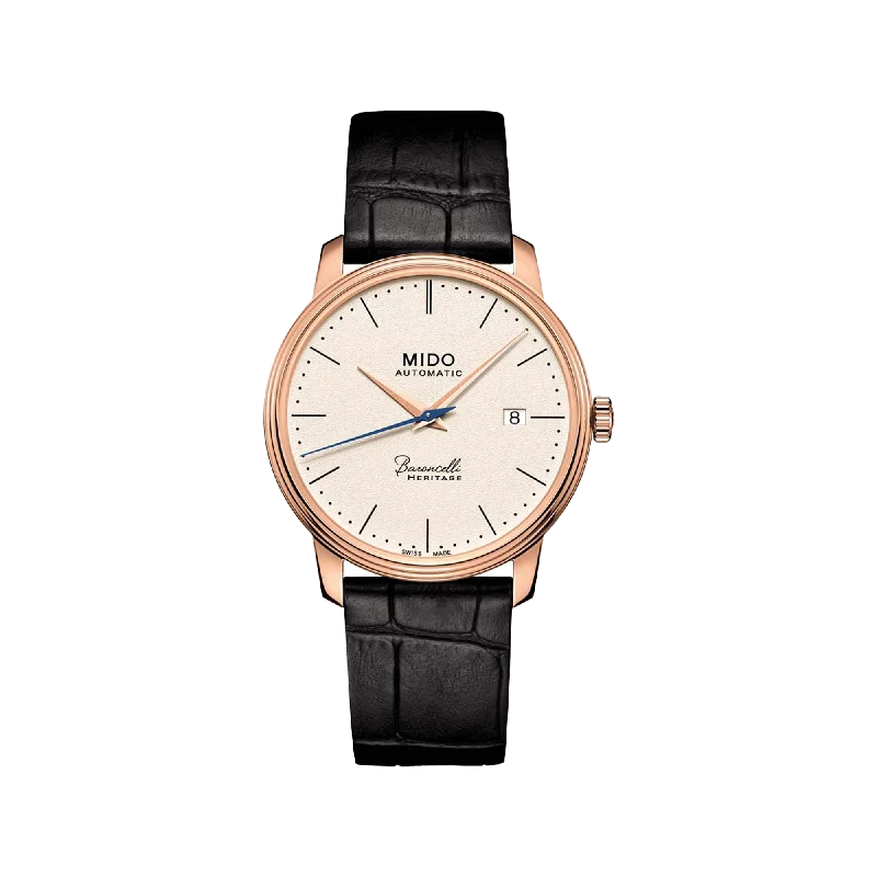 fitness watches for men with sleep quality analysis and heart rate-Mido Baroncelli Heritage Gent - Stainless Steel with Rose Gold PVD - Black Leather Strap