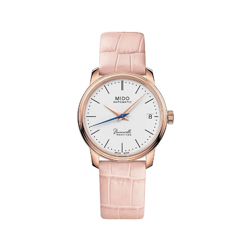 smartwatch for men with fitness tracking and health monitoring-Mido Baroncelli Heritage Lady - Stainless Steel with Rose Gold PVD - Pink Leather Strap