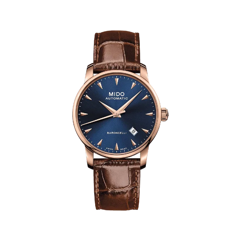 watches for men with waterproof function and shock resistance-Mido Baroncelli Midnight Blue Gent - Stainless Steel with Rose Gold PVD - Brown Leather Strap