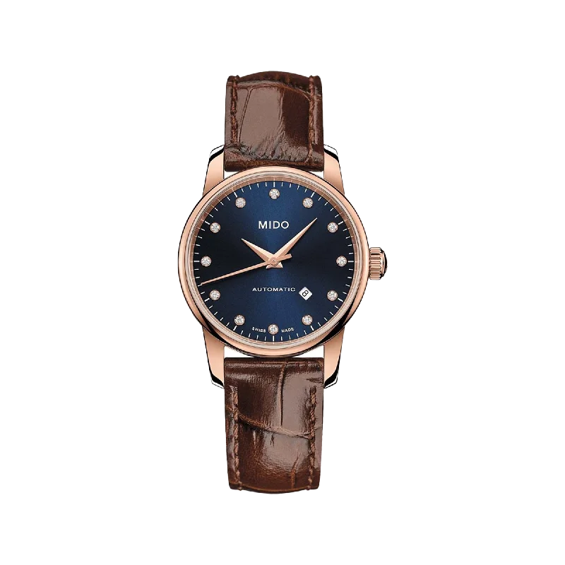 high-end smartwatches for professional athletes-Mido Baroncelli Midnight Blue Lady - Stainless Steel with Rose Gold PVD  - Brown Leather Strap