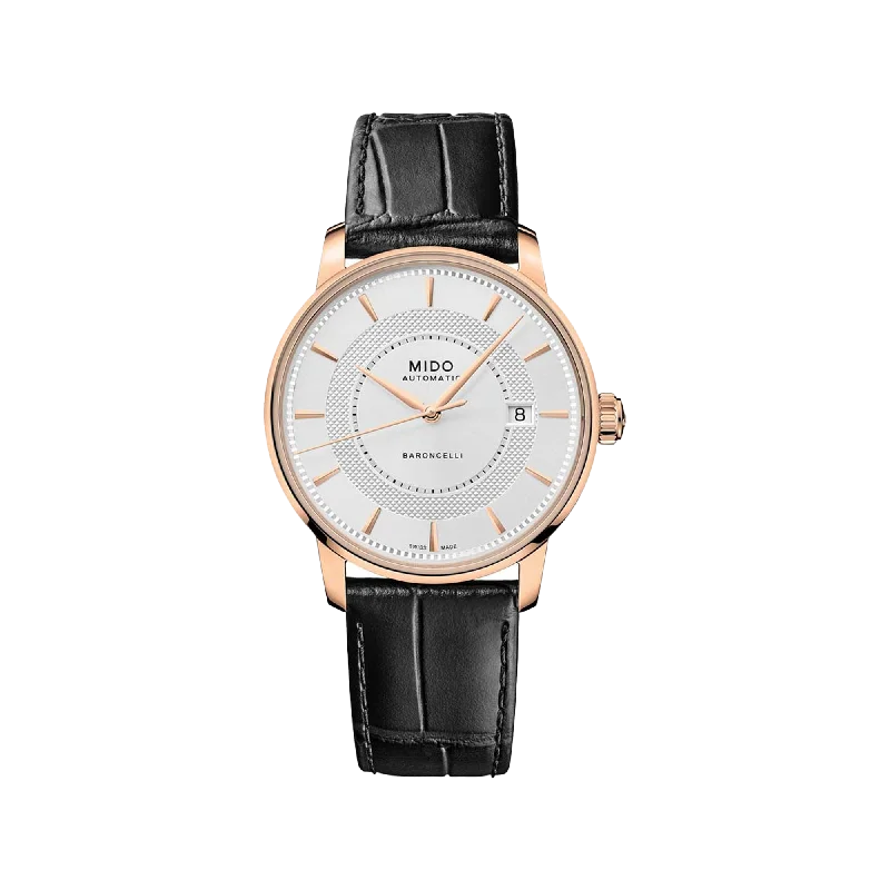 watches for men with simple dials and minimalist features-Mido Baroncelli Signature - Stainless Steel with Rose Gold PVD - Black Leather Strap