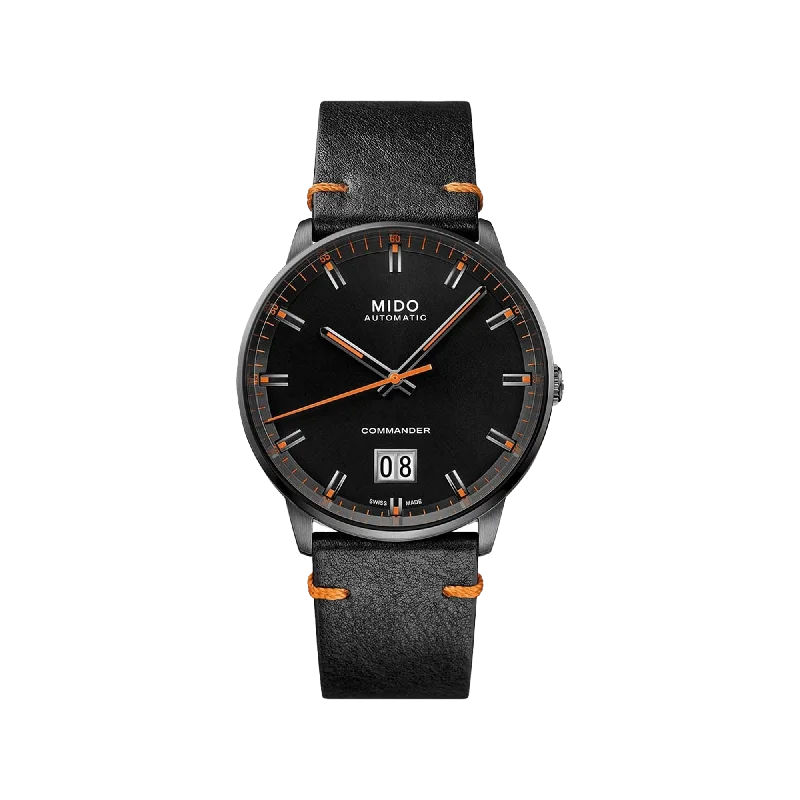 stylish sport watches with water resistance and durability-Mido Commander Big Date - Stainless Steel with Anthracite PVD - Black Patina Leather Strap