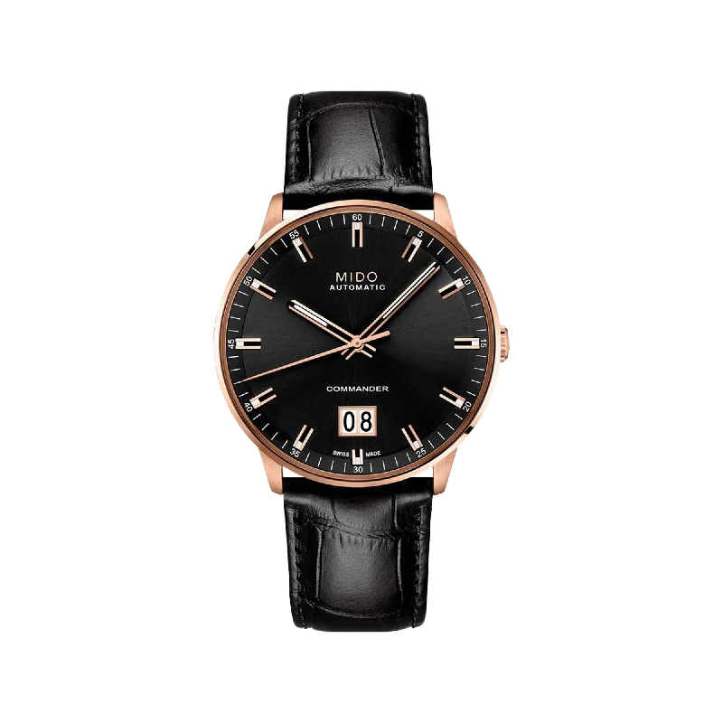 smartwatches with fitness tracking and customizable watch faces-Mido Commander Big Date - Stainless Steel with Rose Gold PVD - Black Leather Strap