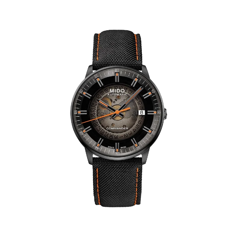 watches with leather and stainless steel for modern appeal-Mido Commander Gradient - Stainless Steel with Black PVD - Black Fabric Strap