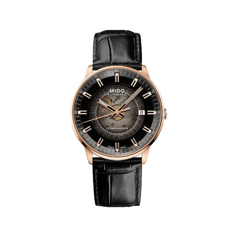 stylish women’s watches with interchangeable metal and leather bands-Mido Commander Gradient - Stainless Steel with Rose Gold PVD - Black Leather Strap