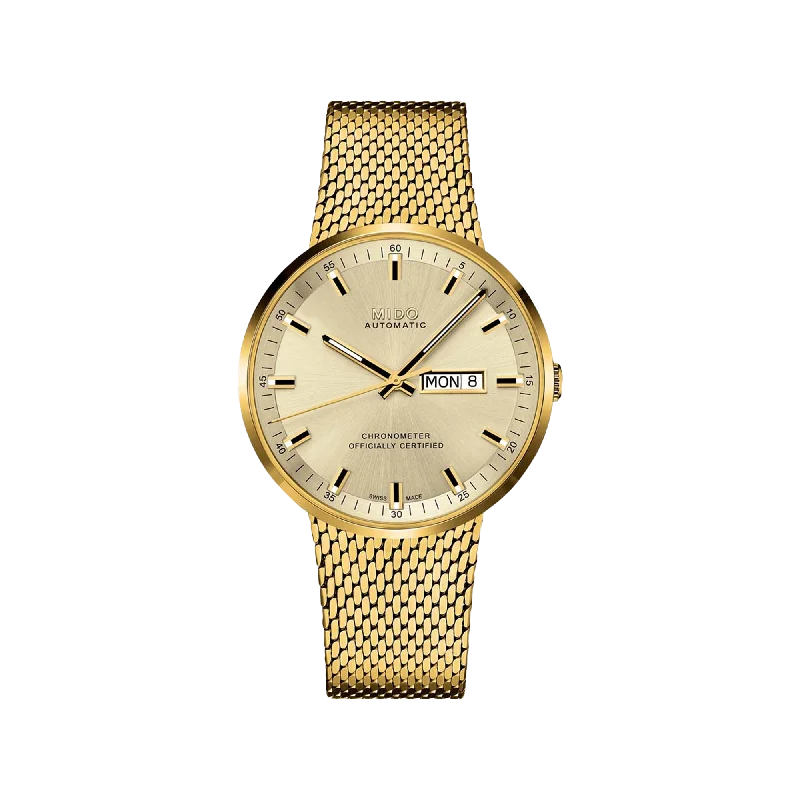 men’s watches with sleek modern design for business wear-Mido Commander Icone - Stainless Steel with Yellow Gold PVD - Milanese mesh in stainless steel with yellow gold PVD bracelet