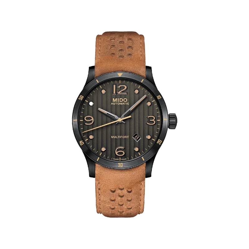 smartwatches with built-in weather forecasts for outdoor lovers-Mido Multifort Adventure - Stainless Steel with Anthracite PVD - Brown Patina Leather Strap